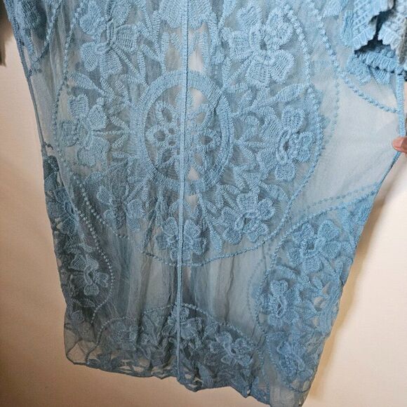 EUC FORGOTTEN GRACE LIGHT BLUE LACE/EMBROIDERED LONG DUSTER KIMONO JACKET S/M - Picture 4 of 12